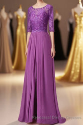 Purple Lace Round Neck Keyhole Back Long Mother of the Bride Dress